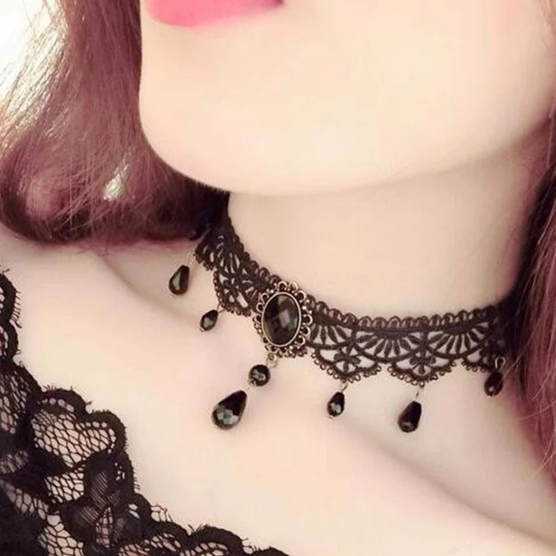 New Sexy Gothic Chokers Crystal Black Lace Neck Choker Necklace Vintage Victorian Women Choker Steampunk Jewelry