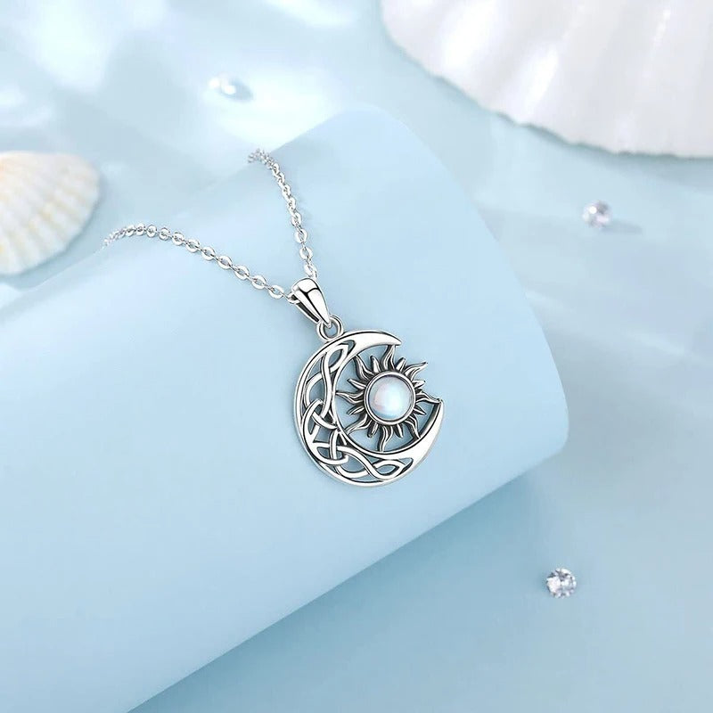 Sun and Moon Design Women's Pendant Necklace with Imitation Opal Stone Boho Style Beach Vocation Jewelry Gift