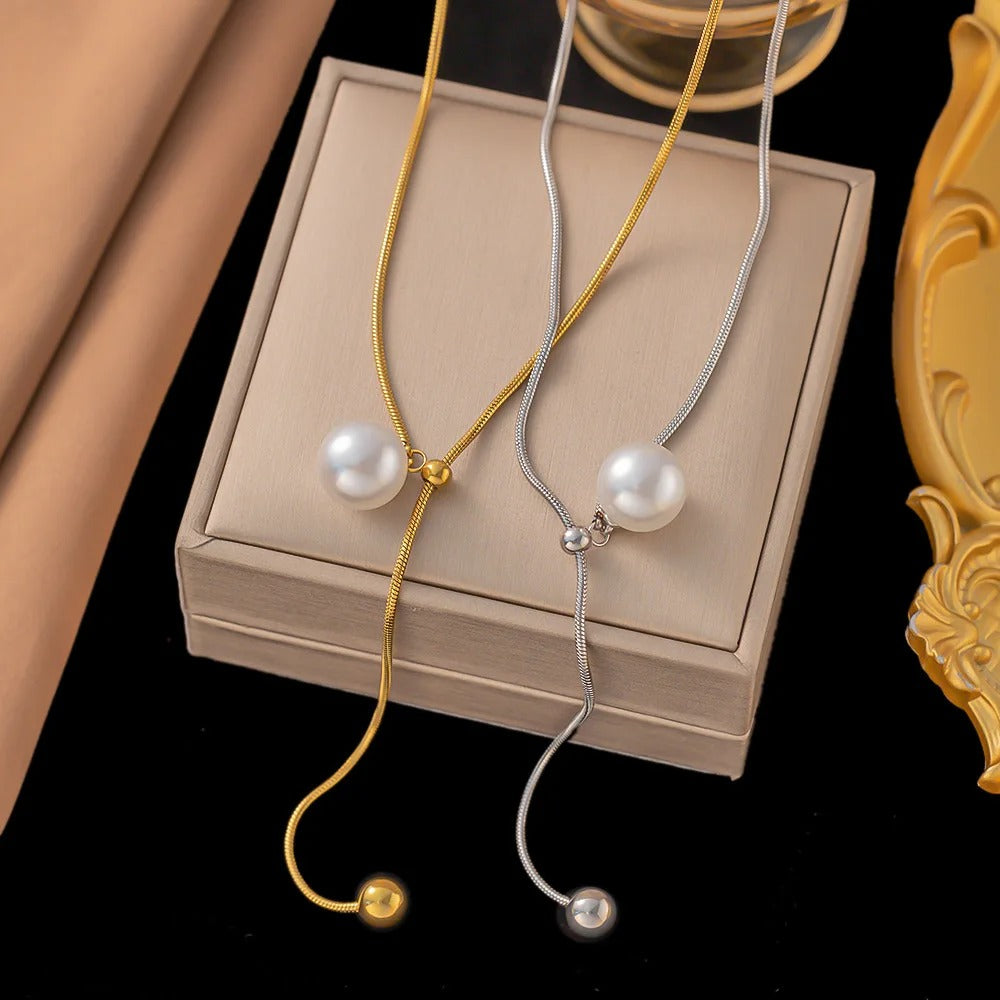 316L Stainless Steel Pearl Minimalist Pendant Necklace For Women Adjustable Slider Clasp Rope Chain Jewelry Party Gift