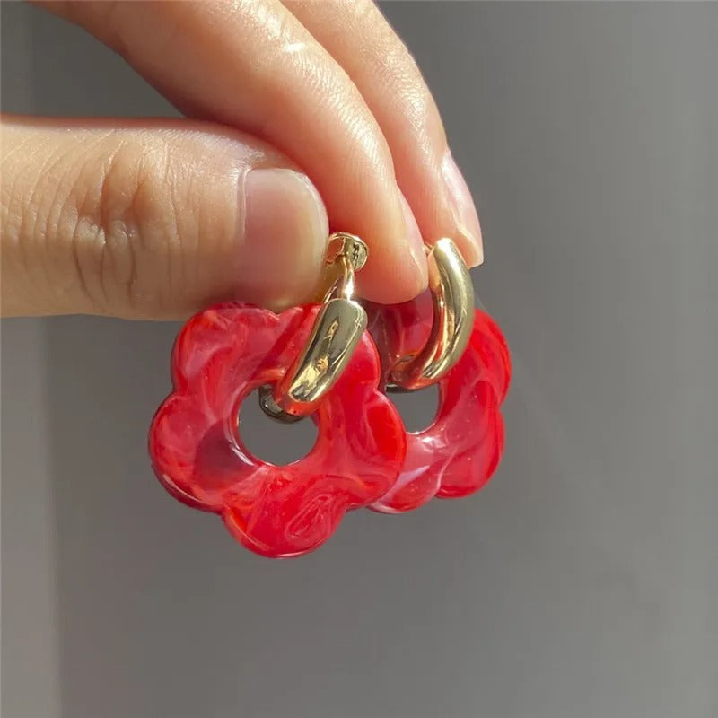 2025 Pink Acrylic Flower Resin Drop Earrings Simple Round Hollow Copper Girls Jewelry Cute Party Personality Gifts