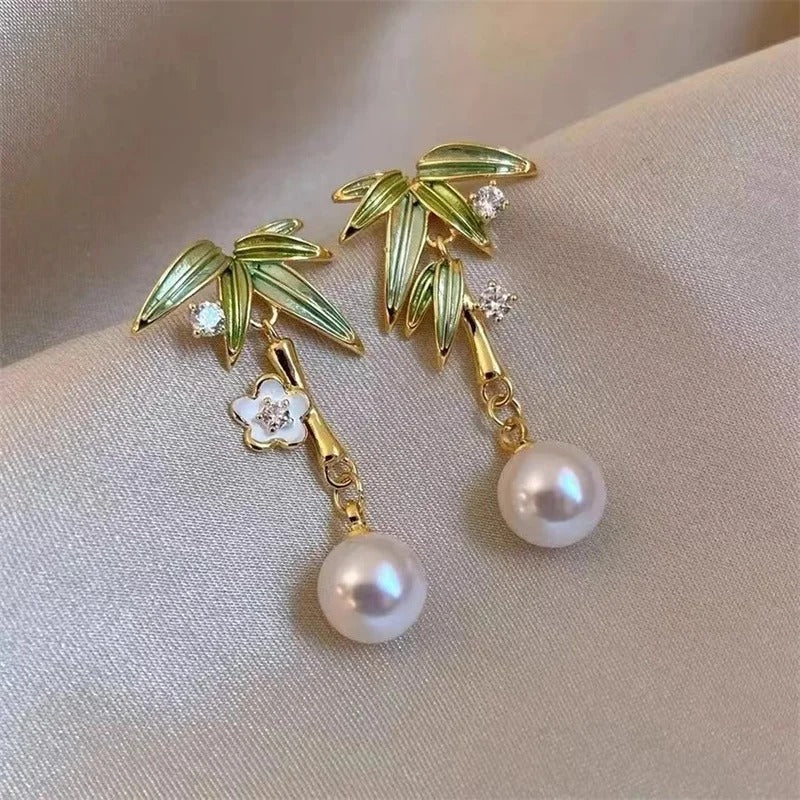 Bamboo Panda Pearl Tassel Earrings for Women Girls Cute Asymmetric Plant Potted Cactus Drop Earrings Jewelry Gift