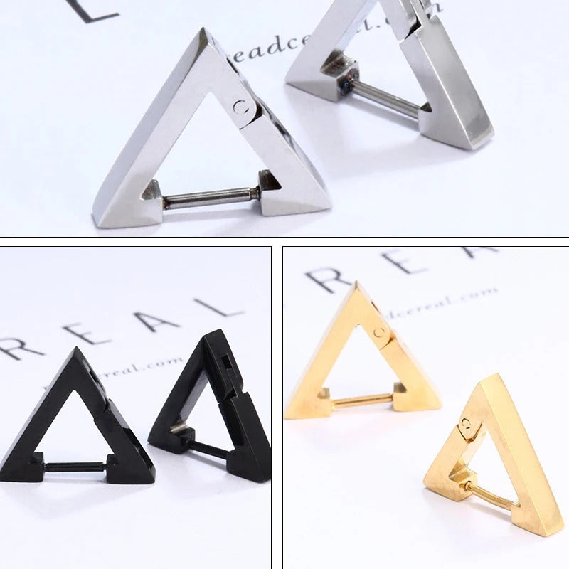 Geometric Triangles Stainless Steel Earrings Unisex Punk Hoop Earrings for Women Men Piercing Push-Back Ear Plug Jewelry