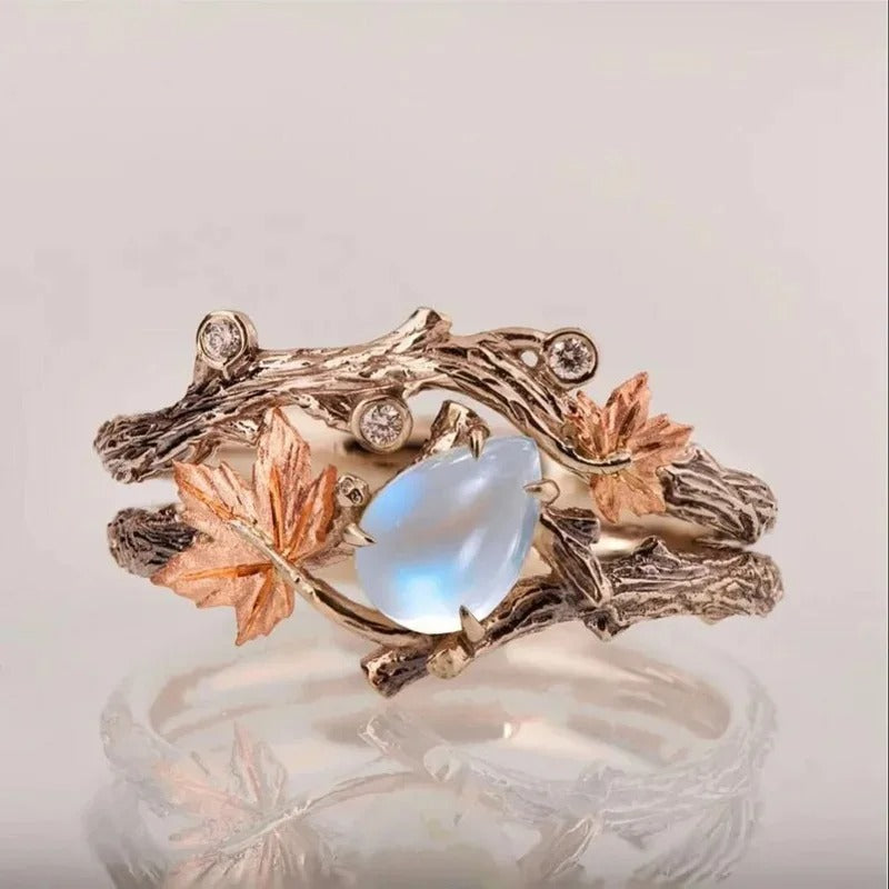 Vintage Golden Branch Maple Leaf Ring Double Layer Light Luxury Niche Design Ring Love Day Mother's Day Festival Gift