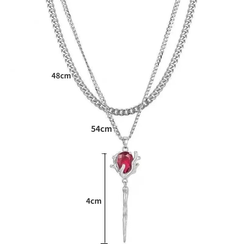 Double Layer Red Zircon Rose Necklace Y2K Floral Jewelry
