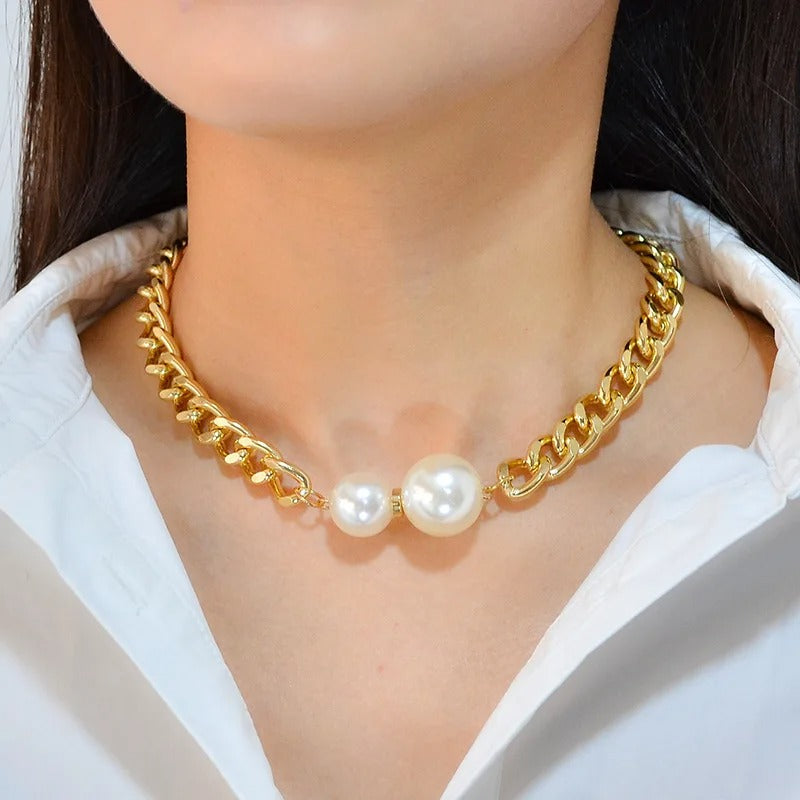 Imitation Pearl Exaggerated Pendant Necklace Retro Thick Chain Choker European American Style Hot-Selling Jewelry Accessory