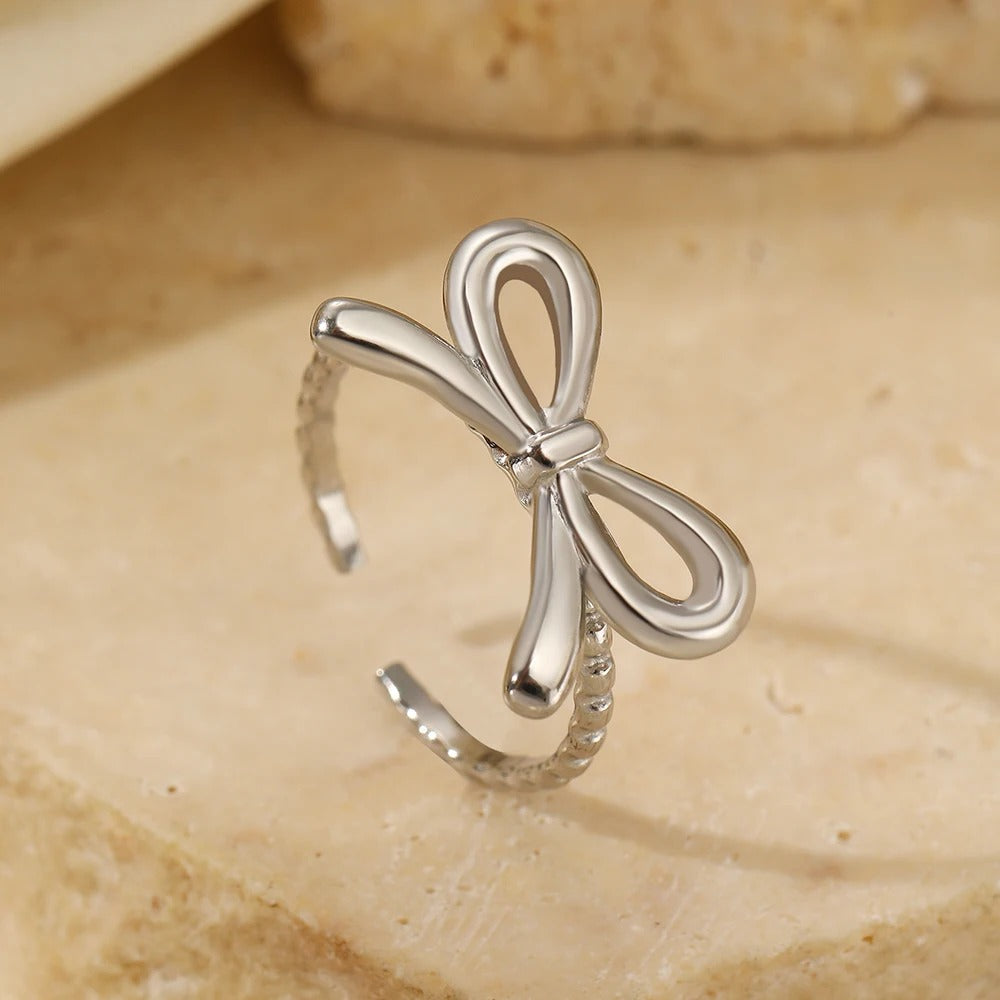 Stainless Steel Bow Tie Ring Adjustable for Women Jewelry Gift