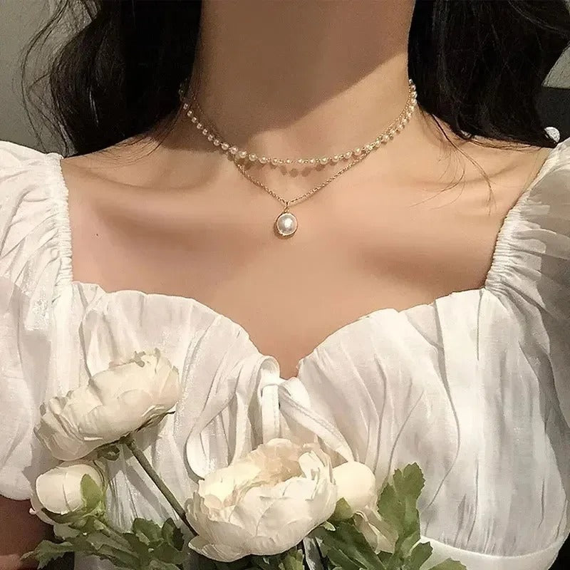 2025 New Women's Pearl Necklace K-pop Gold Color Beads Pendant Necklaces Goth Double Layer Chain Choker for Women Fashion Jewelry