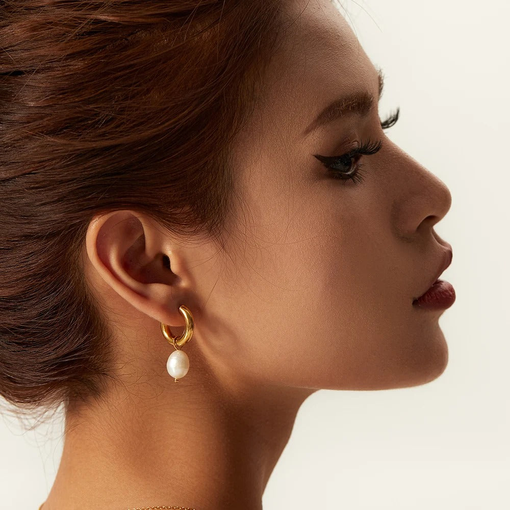 2025 Stainless Steel Gold Plated Pearl Pendant Earrings Simple Trendy Women’s Party Jewelry
