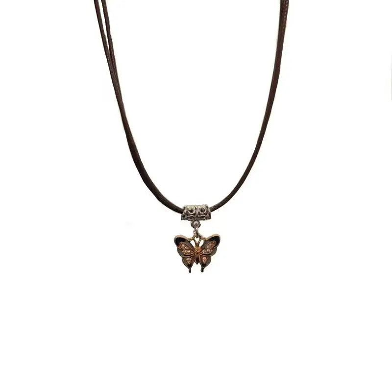 Men & Women Double Layer Leather Choker Necklace Butterfly Pendant