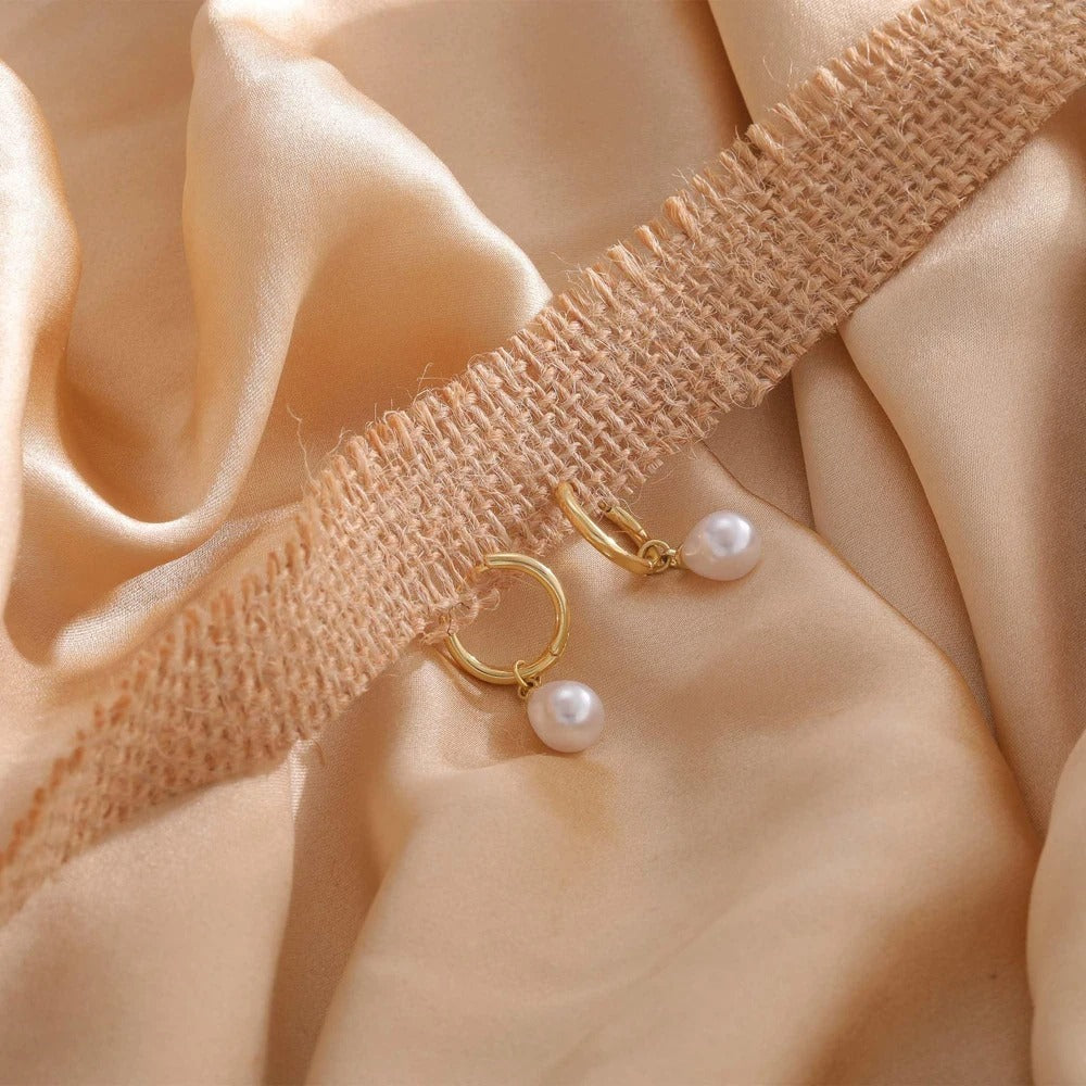 Trendy 14K Gold Plated Pearl Dangle Drop Hoop Earrings for Women CZ Irregular Knot Huggie Studs Hypoallergenic Jewelry