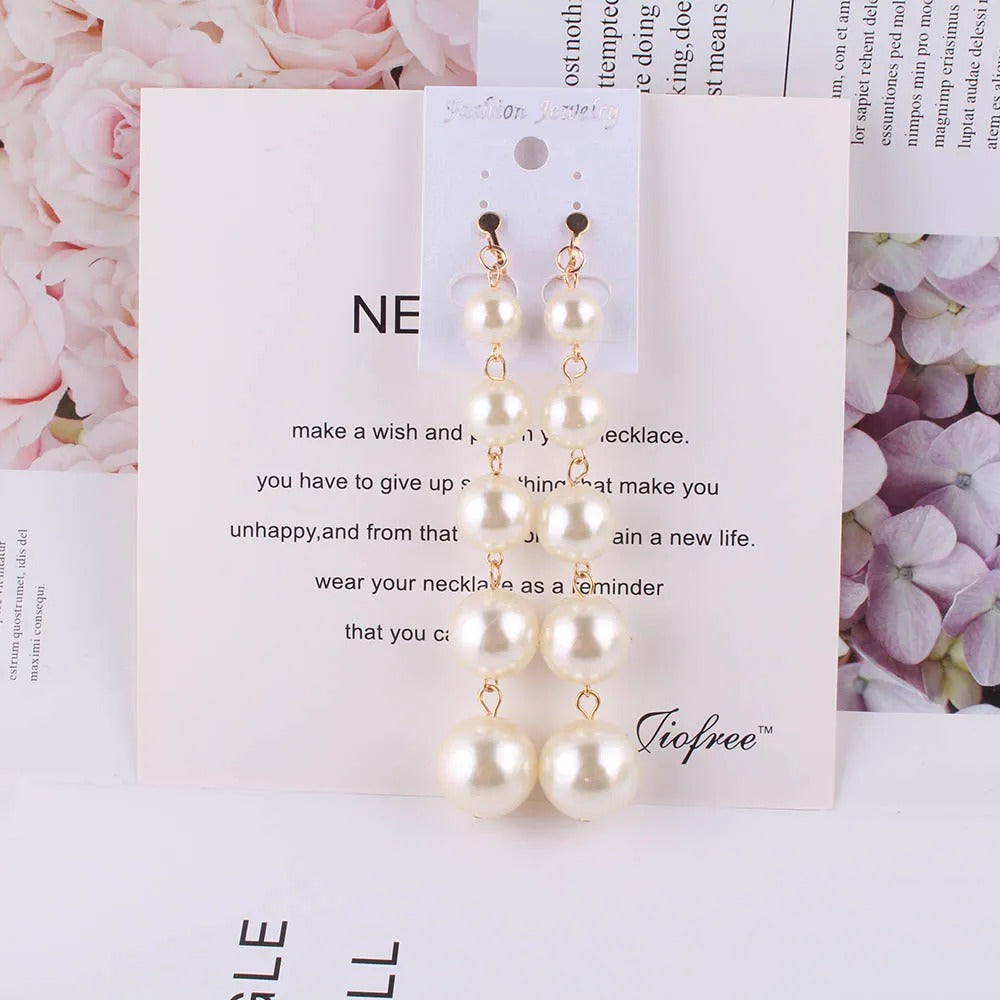 JIOFREE new design Trendy long Big Simulated Pearl Clip on Earrings Pearls String Statement Earrings For Wedding Party Gift