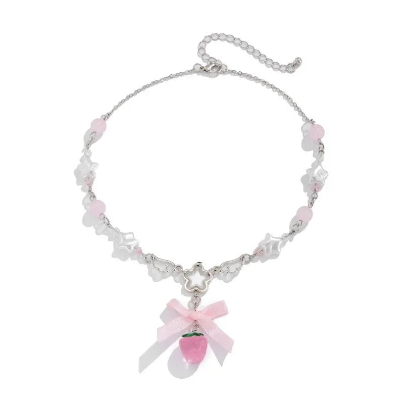 2025 New Cute Bowknot White Pentagram Pink Strawberry Pendant Choker Necklace Goth Vintage Y2K Girls Rave Jewelry Accessories