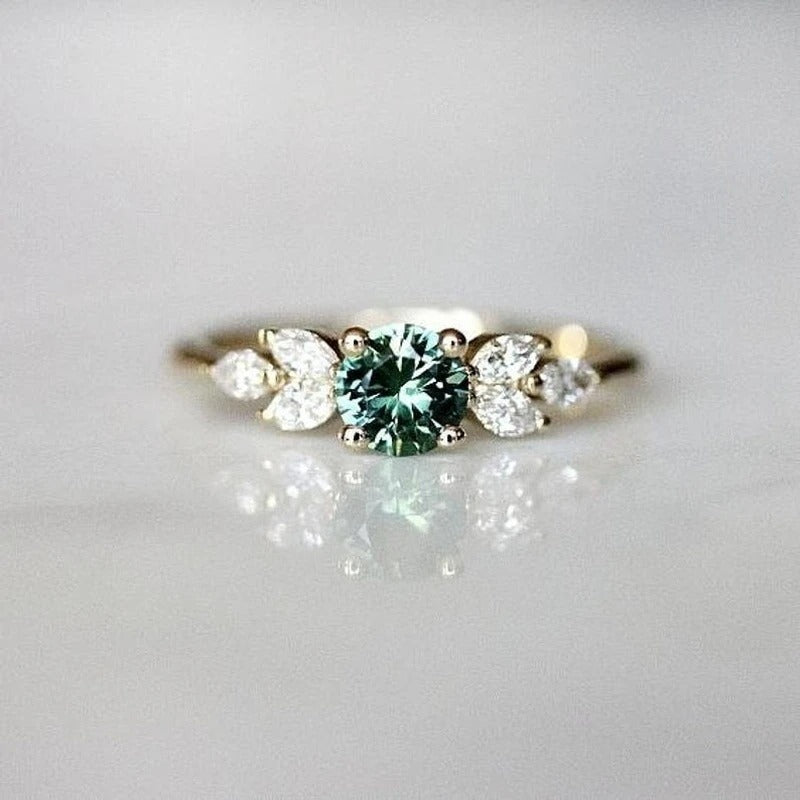 Classic Gold Color Ring for Women Gorgeous Metal Green Inlaid Stones Flower Engagement Wedding Ring Jewelry