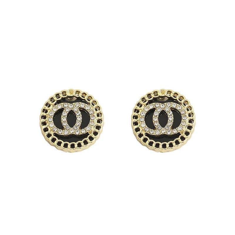 Black Enamel & Crystal Double Circle Stud Earrings Korean Style