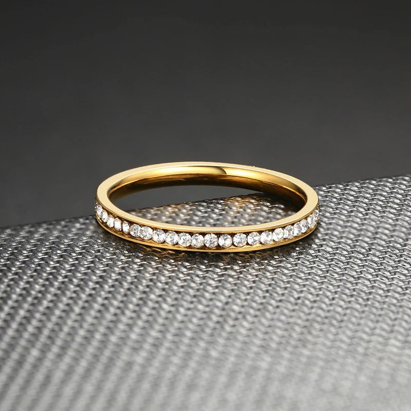 CZ Stones Ring for Women Lady Gold Color Stainless Steel Shinny Crystal Finger Band Elegant Jewelry