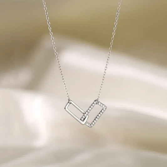 New 925 Sterling Silver Geometric Necklace Shiny Rectangle Pendant Set with Cubic Zirconia Necklace for Girls Fine Jewelry