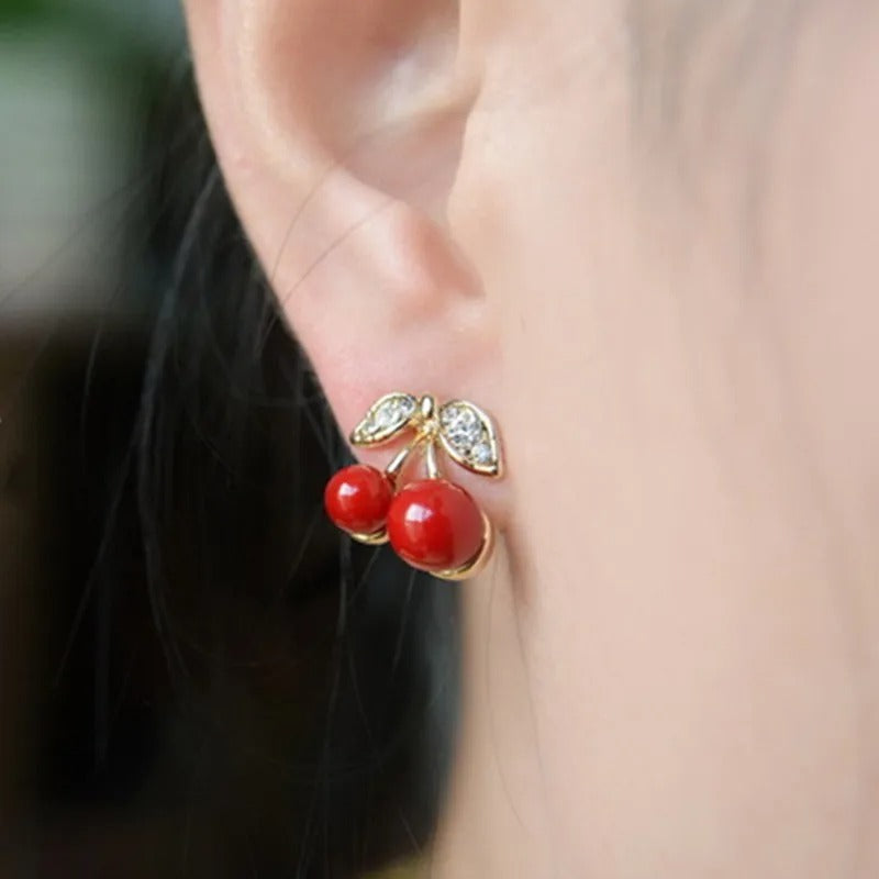 Cute Red Cherry Earrings Rhinestone Leaf Bead Earstuds for Women