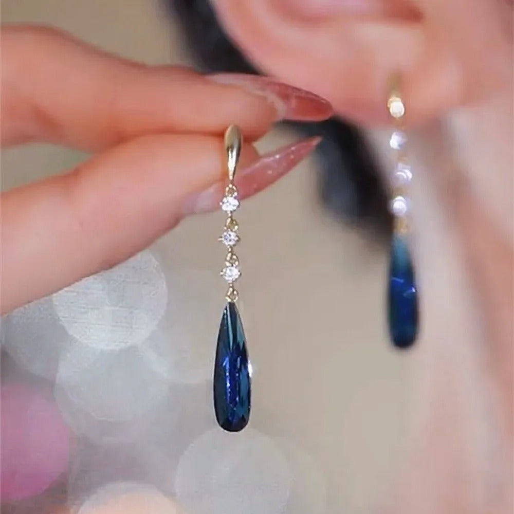 Blue Crystal Water Drop Dangle Earrings for Women Party Wedding Jewelry