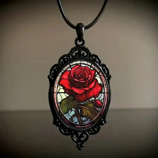 Black Floral Pendant Necklace - Glass with Elegant Frame - Ideal for Romantic Gifts & Special Occasion