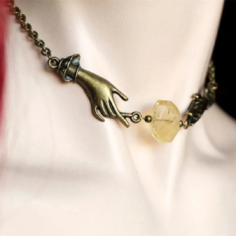 Witchy Chain Choker Hands Necklace Jewelry Magical Bronze Hands Yellow Druzy Citrine Stone Fashion Women Gift Pendant Statement
