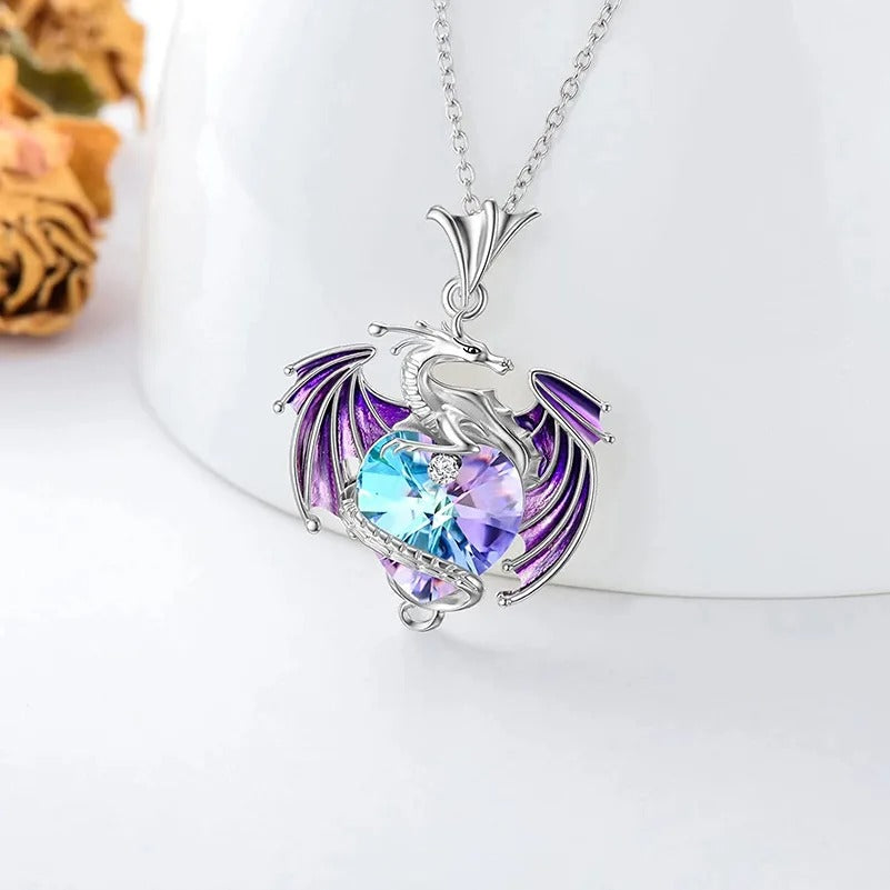 Fantasy Design Colorful Crystal Dragon Pendant Necklace for Women Blue Purple Dragon Necklace Cute Dragon AnimalJewelry Gift