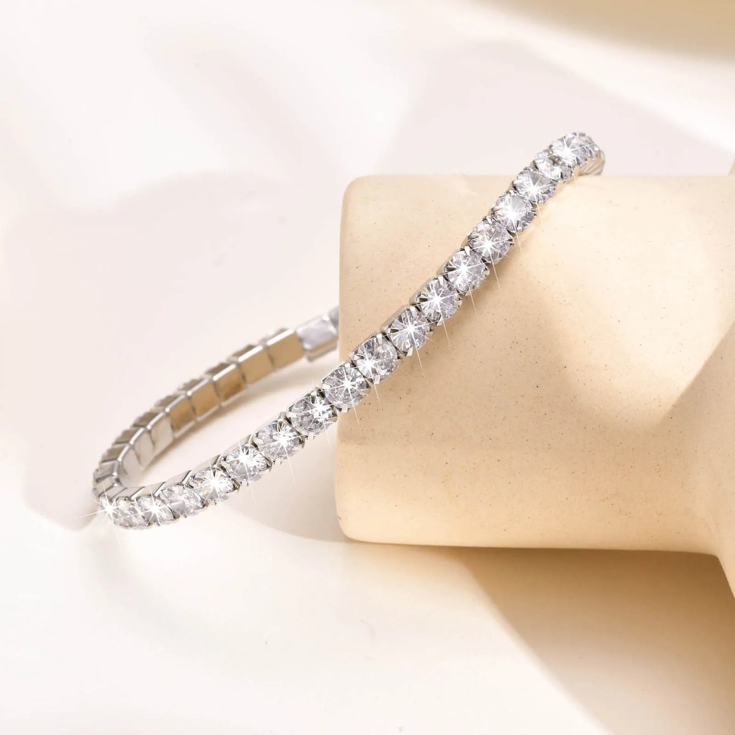 Cubic Zirconia Tennis Bracelet for Women, Elastic Stainless Steel Rose Gold Color Hand Chain, Minimalist Link Jewelry
