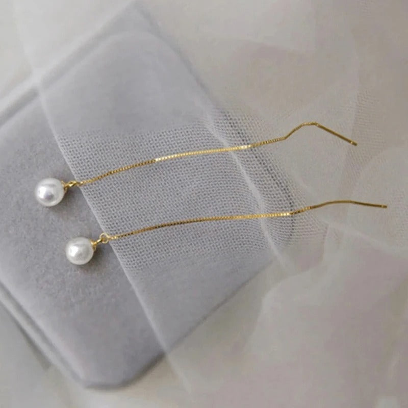 Huitan Dainty Long Hanging Pearl Earrings Elegant Gold Color Engagement Jewelry for Women