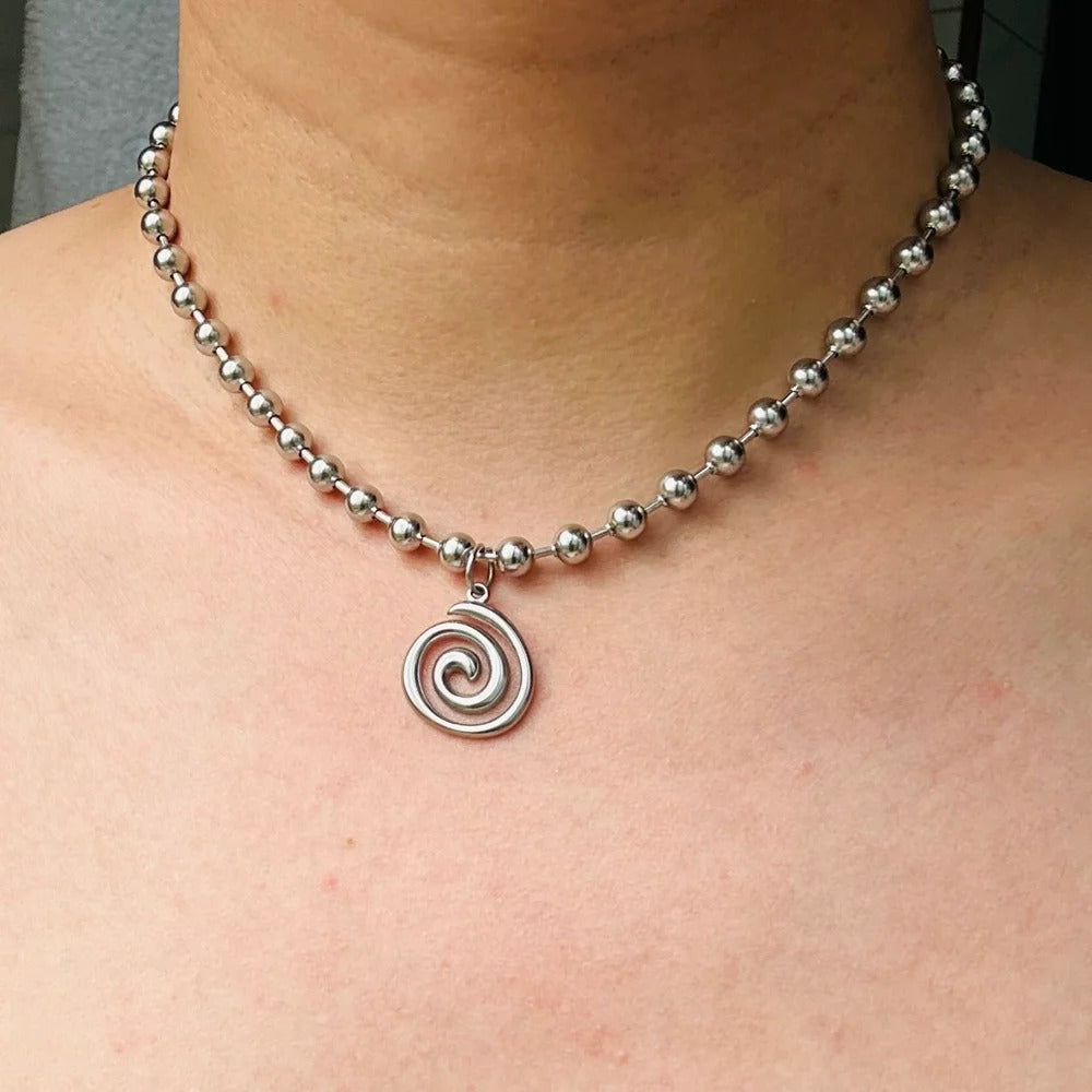 Y2K Stainless Steel Beads Chain Spiral Vortex Pendant Choker Necklace for Women Men Punk Grunge Aesthetic Necklace Jewelry