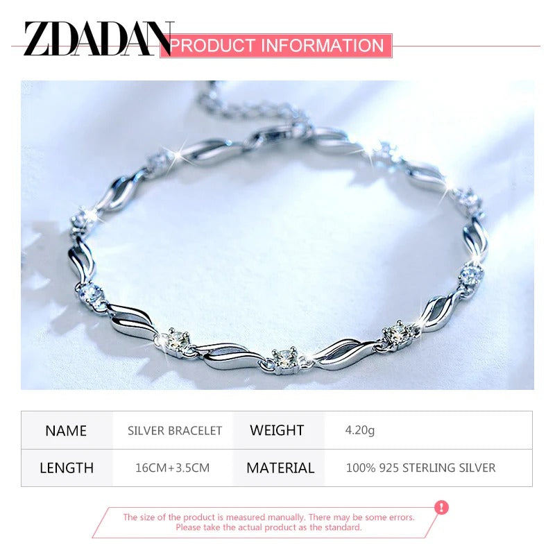 ZDADAN 925 Sterling Silver Crystal Bracelet Chain For Women Fashion Jewelry Gift