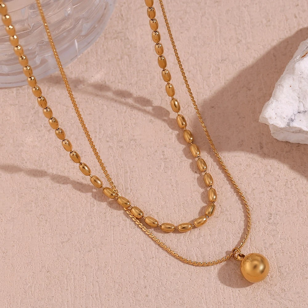 E.B.belle Simple Double-layer Rice bead Pendant Necklace 316L Stainless Steel Decoration 18K Gold Plated Jewelry