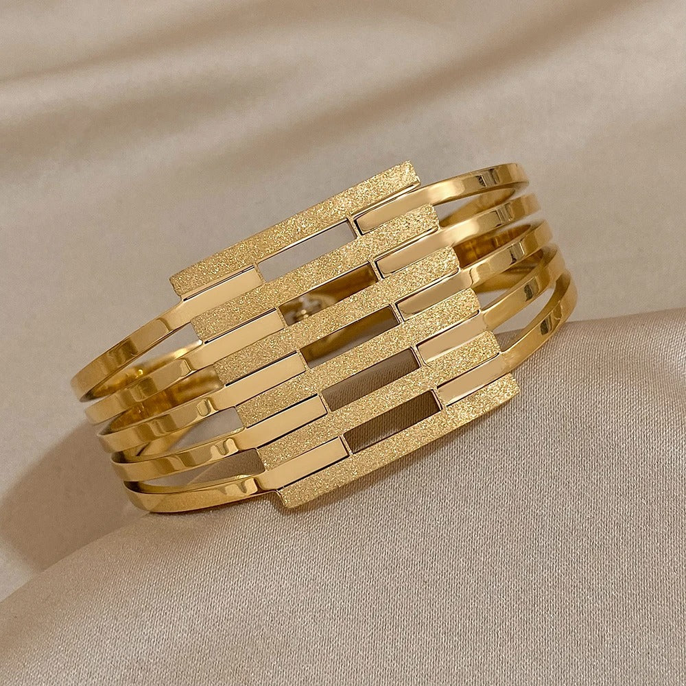 Gold Plated Geometric Chunky Bangle Bracelet for Women Stainless Steel