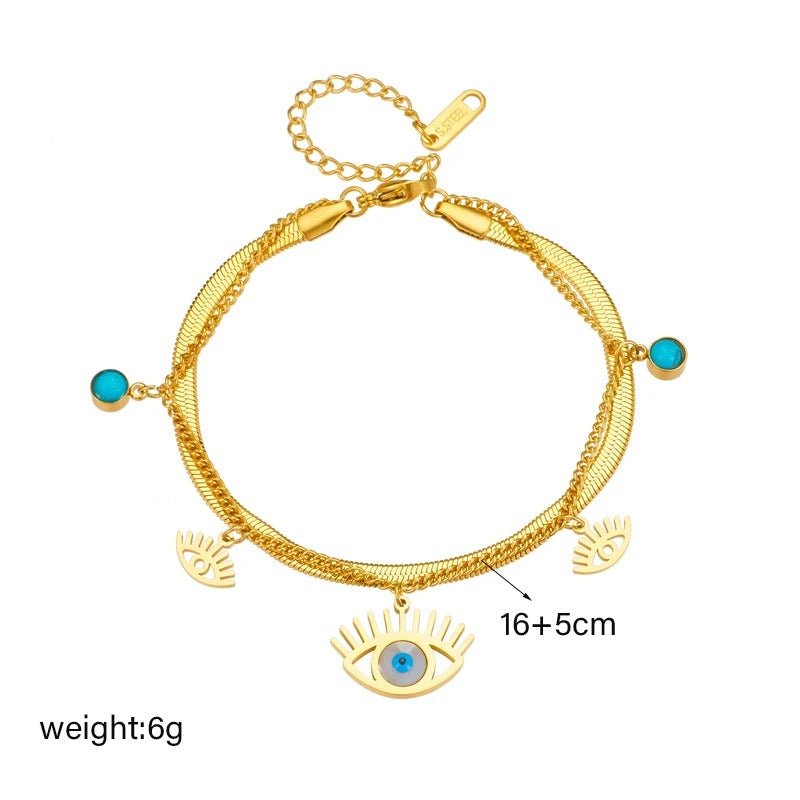 DIEYURO 316L Stainless Steel 2-Color Multilayer Retro Eyes Charm Bracelet For Women Girl New Waterproof Jewelry Gift Party