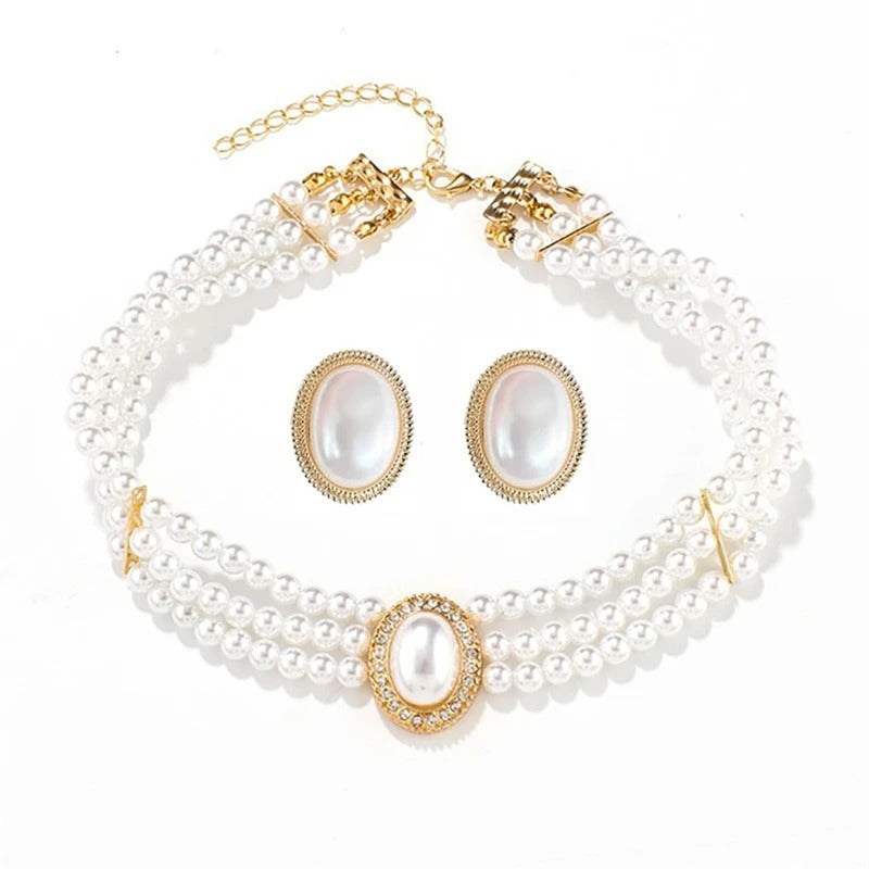 Elegant Three-Layer Pearl Necklace & Earrings Set Party Jewelry