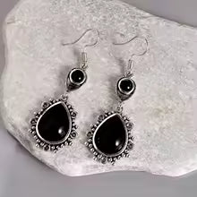 Vintage Black Stone Drop Earring Jewelry Triangle Hollow Ear Jewelry For Women Girls