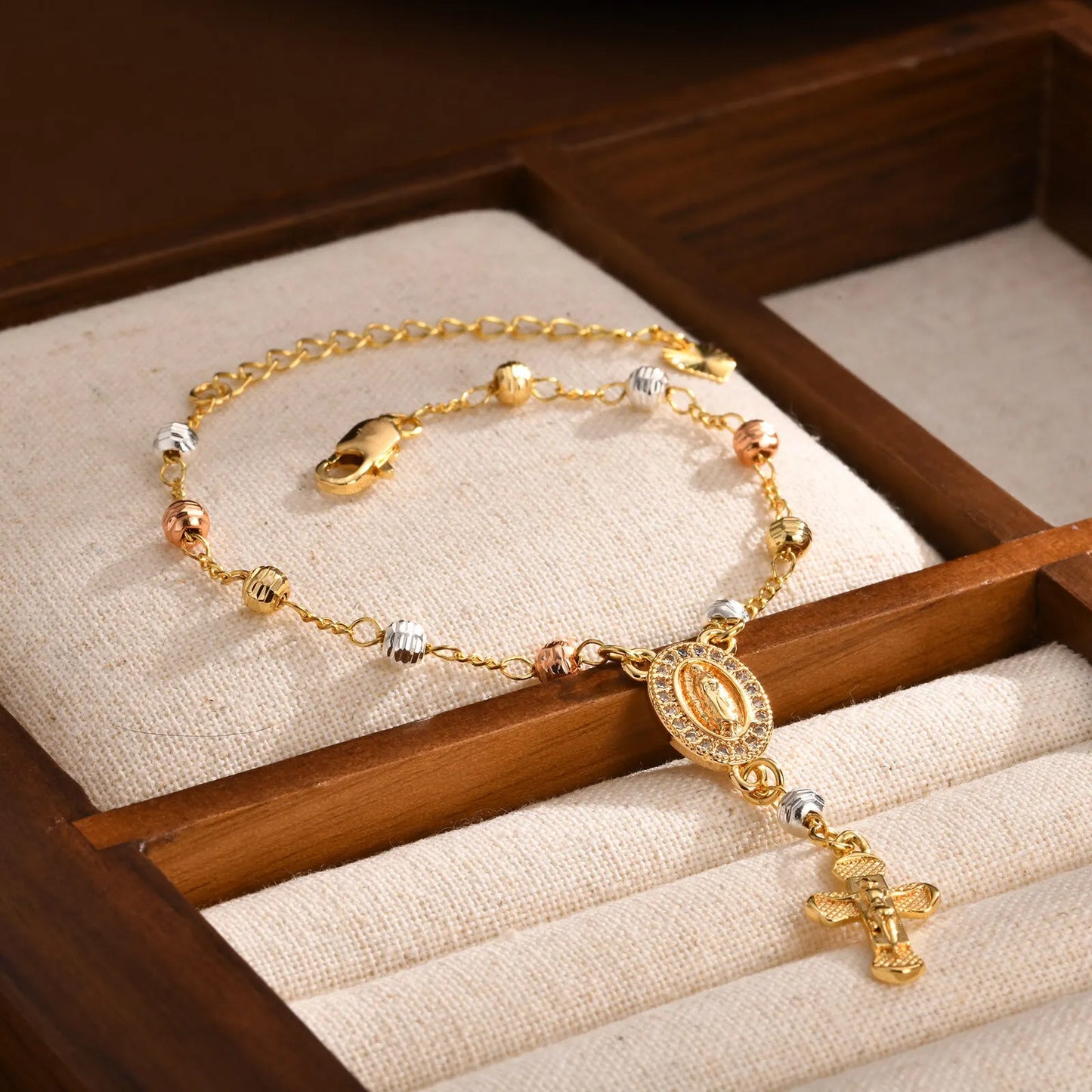Catholic Cross Rosary Bracelet with Virgin Mary Charm – Baptism & Christening Gift for Women