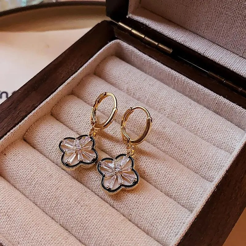 Cute Elegant Gold Plated Zircon Four Leaf Clover Hoop Earrings for Women and Girls