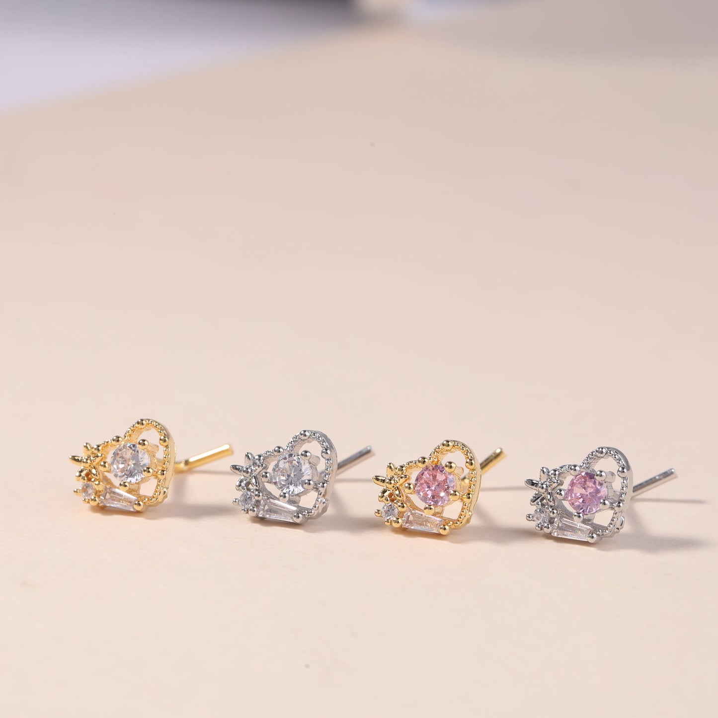 20G L Shaped Nose Studs Rings Cute Pink Heart CZ Shiny Love Stone Gold Silver Color Nose Piercing for Women Girl Nostril Jewelry