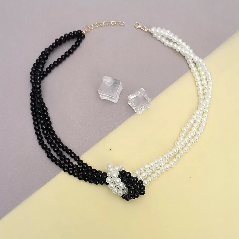 Layered Black & White Pearl Necklace Women Chic Statement Jewelry