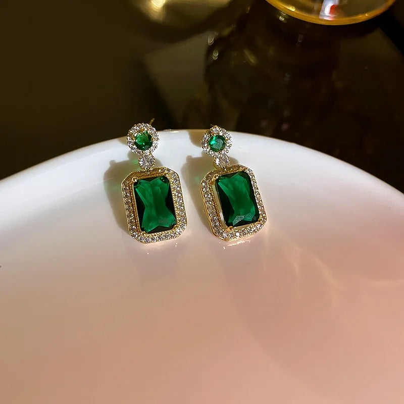 Green Square Crystal Dangle Earrings Women Korean Fashion Jewelry