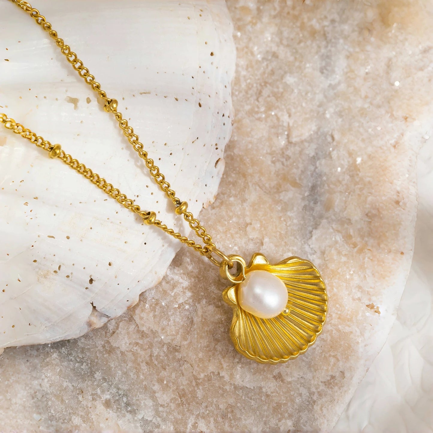 18K Gold Plated Stainless & Pearl Pendant Necklace for Women, Summer Beach Boho Coastal Hypoallergenic Jewelry Gift
