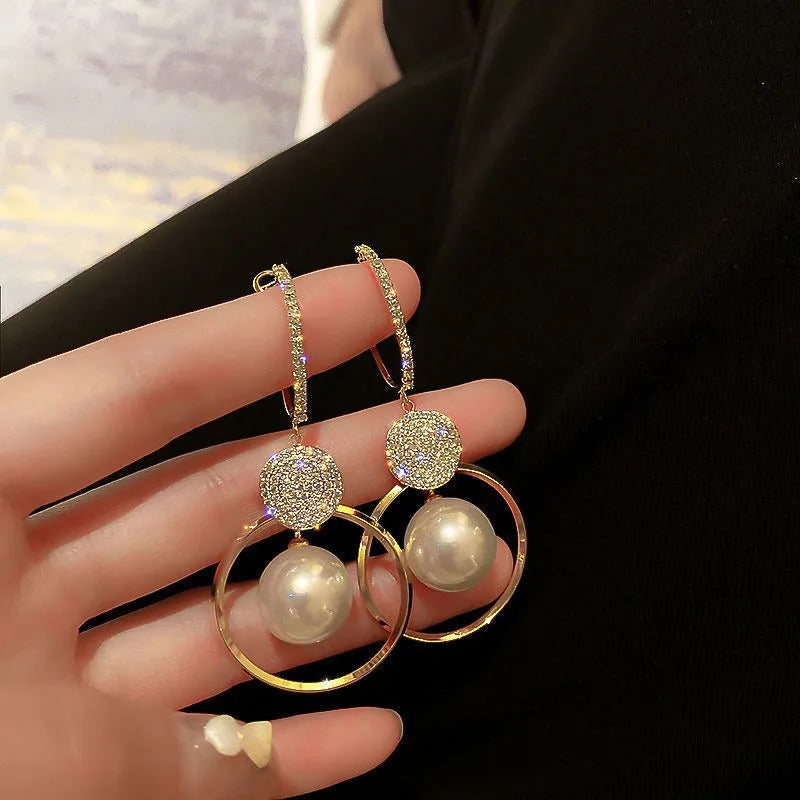 2025 New Fashion Korean Oversized White Pearl Drop Earrings for Women Golden Round Zircon Wedding Earrings Jewelry Gift