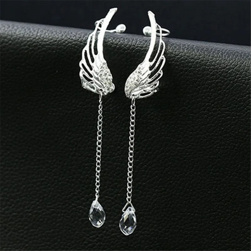 Angel Wings Crystal Earrings Silver Plated Drop Dangle Ear Stud for Women Long Cuff Earring Ear Jewelries