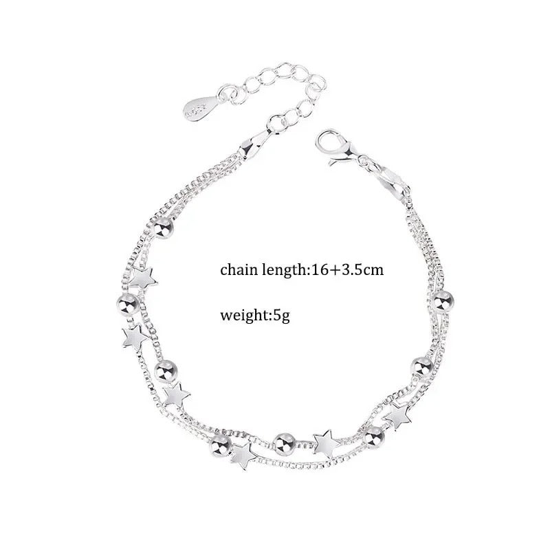 Sterling Silver Double Layers Stars Beads Bracelets for Women Elegant Box Chain Charm Bracelet Birthday Party Gift