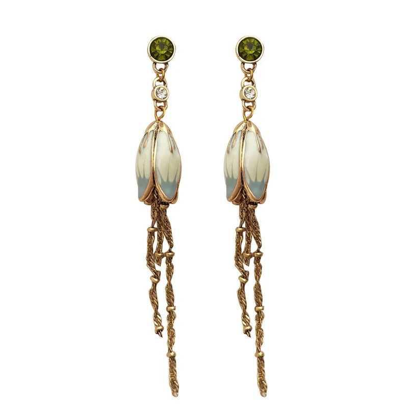 Trendy Jewelry Green Glass Pretty Lotus Long Chain Dangle Earrings For Women Girl Party Wedding Gift 2023 New