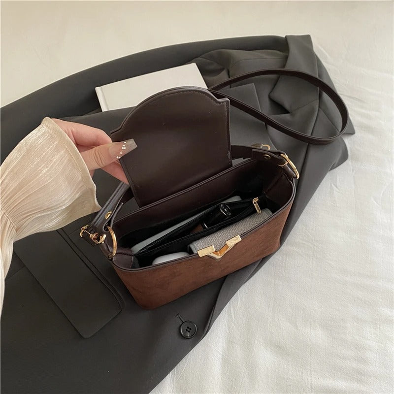 Mini Faux Suede Tote Bag for Women with Lock Buckle