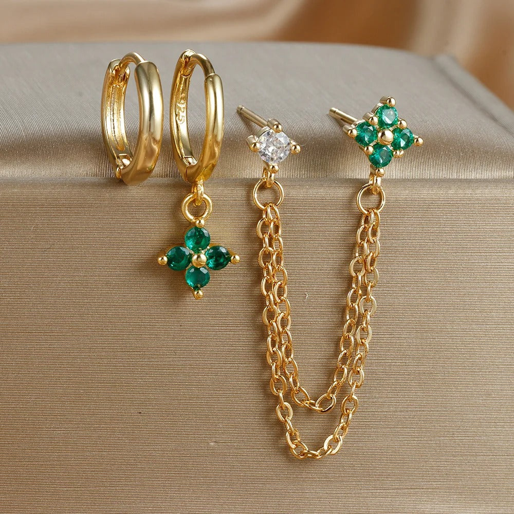 Zircon Flower Threader Earring Set 3PCS Double Stud Stainless Steel