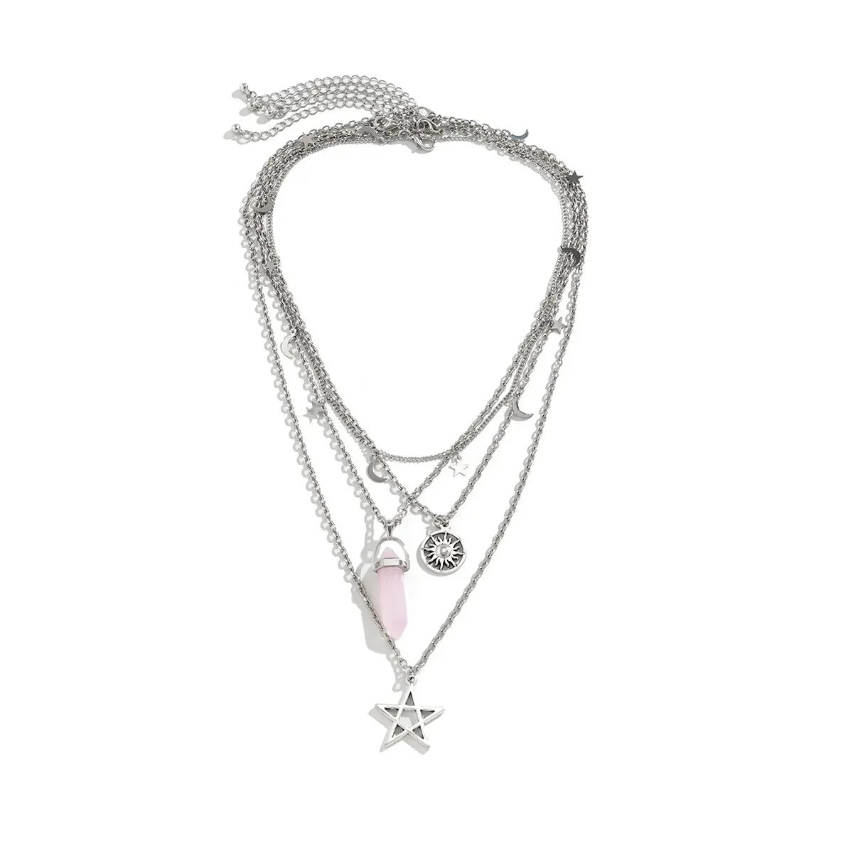 4Pcs Ethnic Pink Crystal Star Pentagram Pendant Choker Necklace for Women Elegant Moon Tassel Chain Party Jewelry Accessories