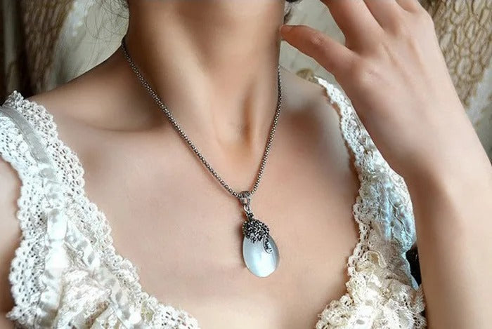 Vintage 925 Sterling Silver Jewelry Sets For Women Fashion Water Drop Shape Cat Eye Stone Pendants Necklace Earring Set