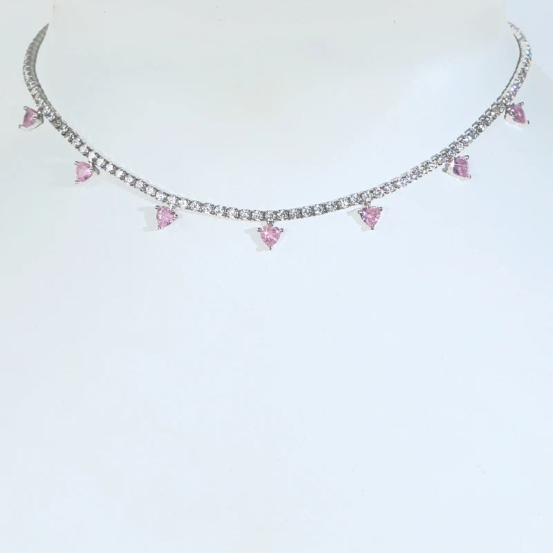 2MM Thin CZ Tennis Chain Pink Heart Shaped Cubic Zirconia Drop Charm Sparking Women Fashion Choker Necklace
