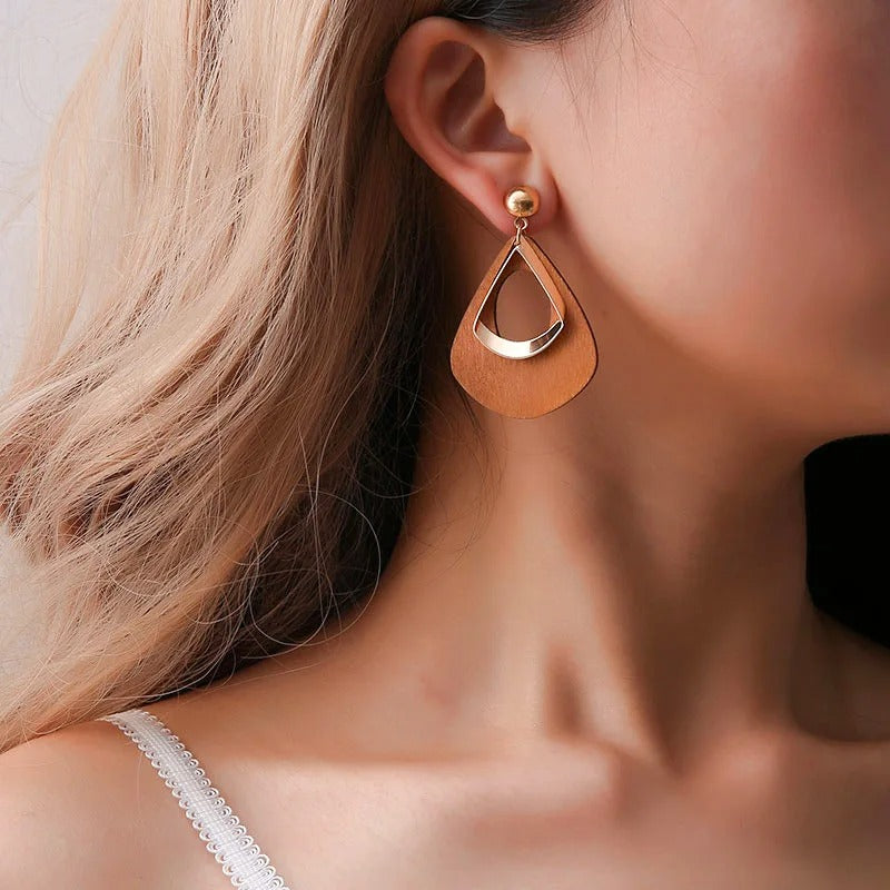 Trendy New Wooden Water Drop Hanging Earrings for Women Gold Color Metal Female Drop Earrings